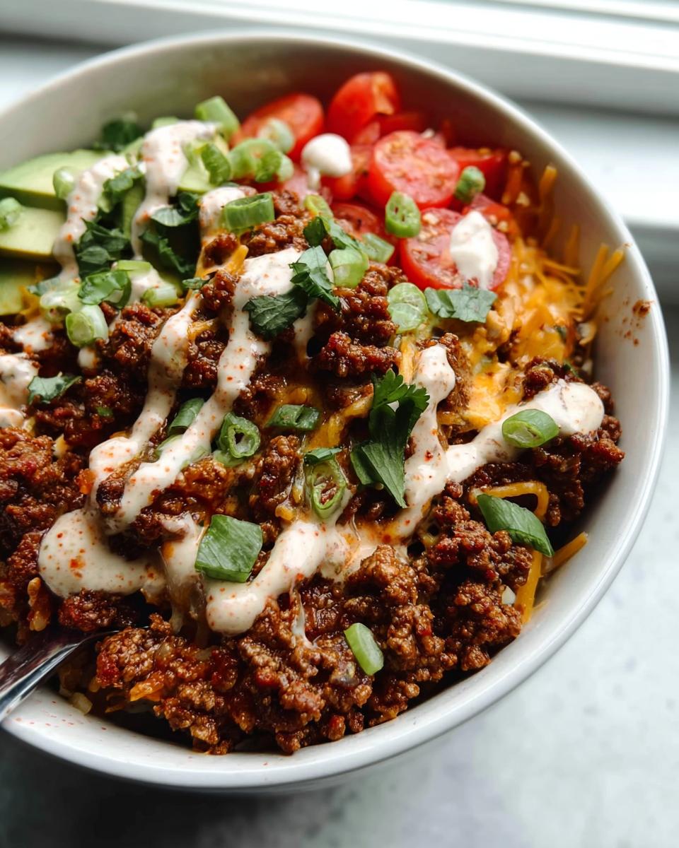 A close-up of a delicious ground beef taco bowl, topped with avocado, tomatoes, cheese, and a creamy sauce.
