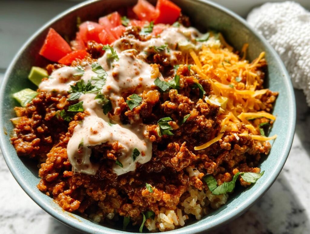 Close-up of a weeknight ground beef taco bowl with rice, seasoned ground beef, tomatoes, avocado, cheese, and sauce.