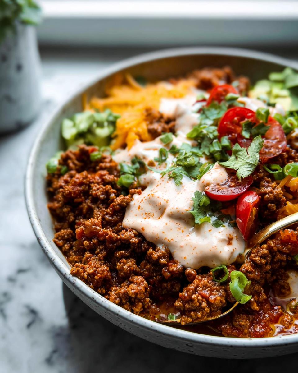 Close-up of a delicious weeknight ground beef taco bowl, topped with creamy sauce, tomatoes, and cilantro.