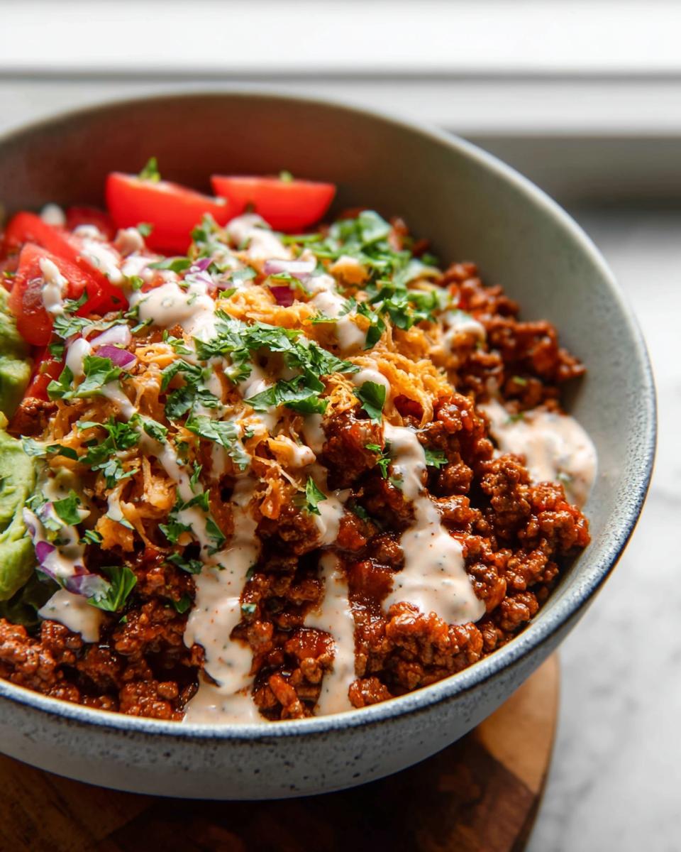 A close-up of a delicious ground beef taco bowl, a perfect addition to weeknight ground beef recipes.