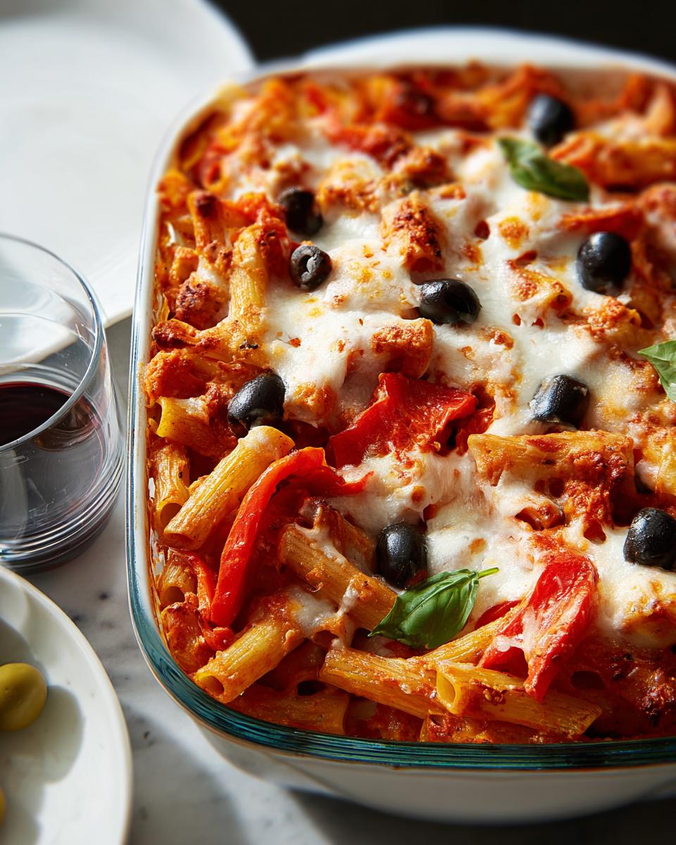 Close-up of a baked pasta dish with penne, tomato sauce, melted cheese, olives, and basil, perfect for weeknight pasta recipes.
