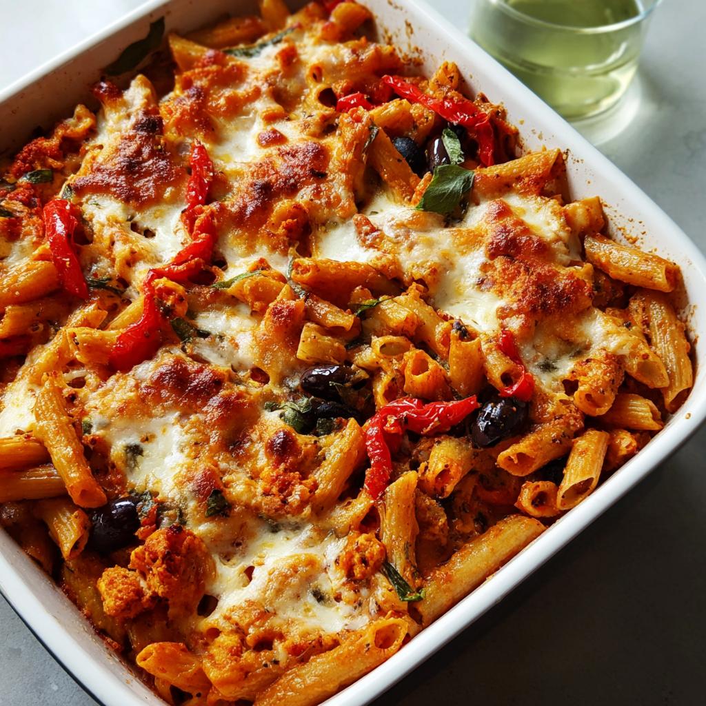 A close-up of a baked penne pasta dish with melted cheese, olives, and red peppers, perfect for weeknight pasta recipes.