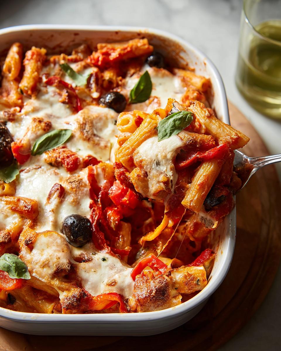 A serving spoon lifts a cheesy portion of baked ziti, a weeknight pasta recipe with olives and basil.