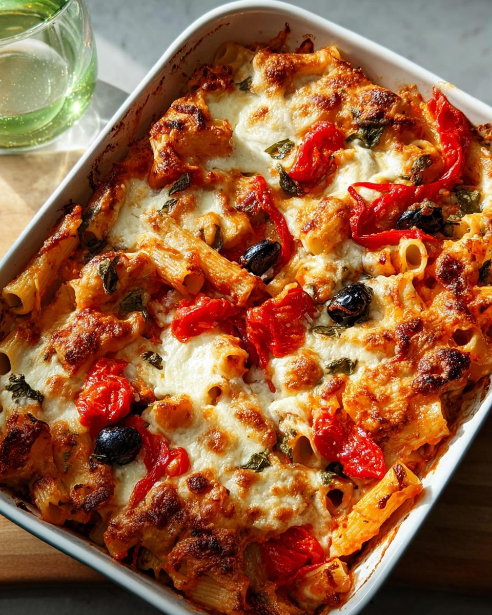 A close-up of a baked ziti pasta dish, featuring penne pasta, melted mozzarella cheese, red tomatoes, and black olives.