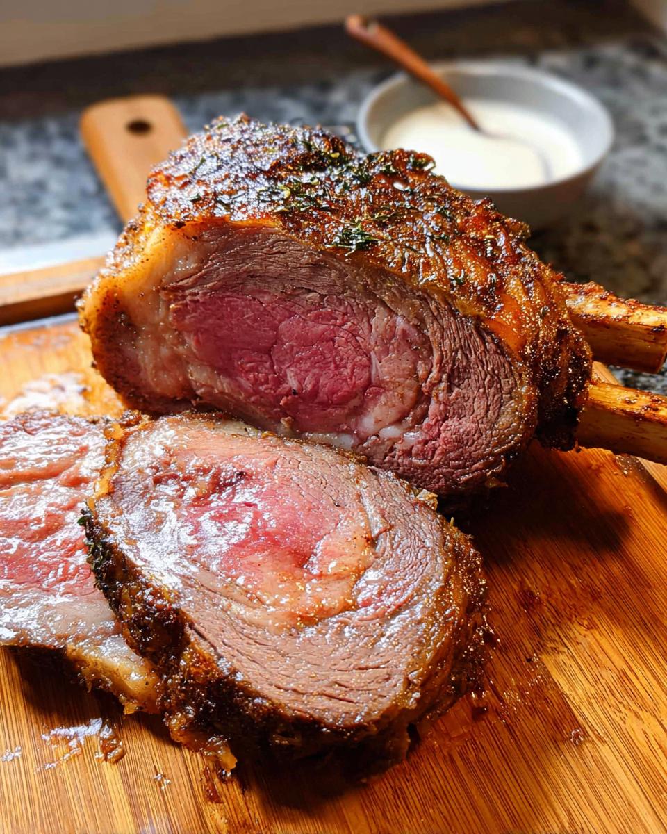 A perfectly cooked, juicy Weeknight Prime Rib roast with a browned crust, sliced on a wooden board.