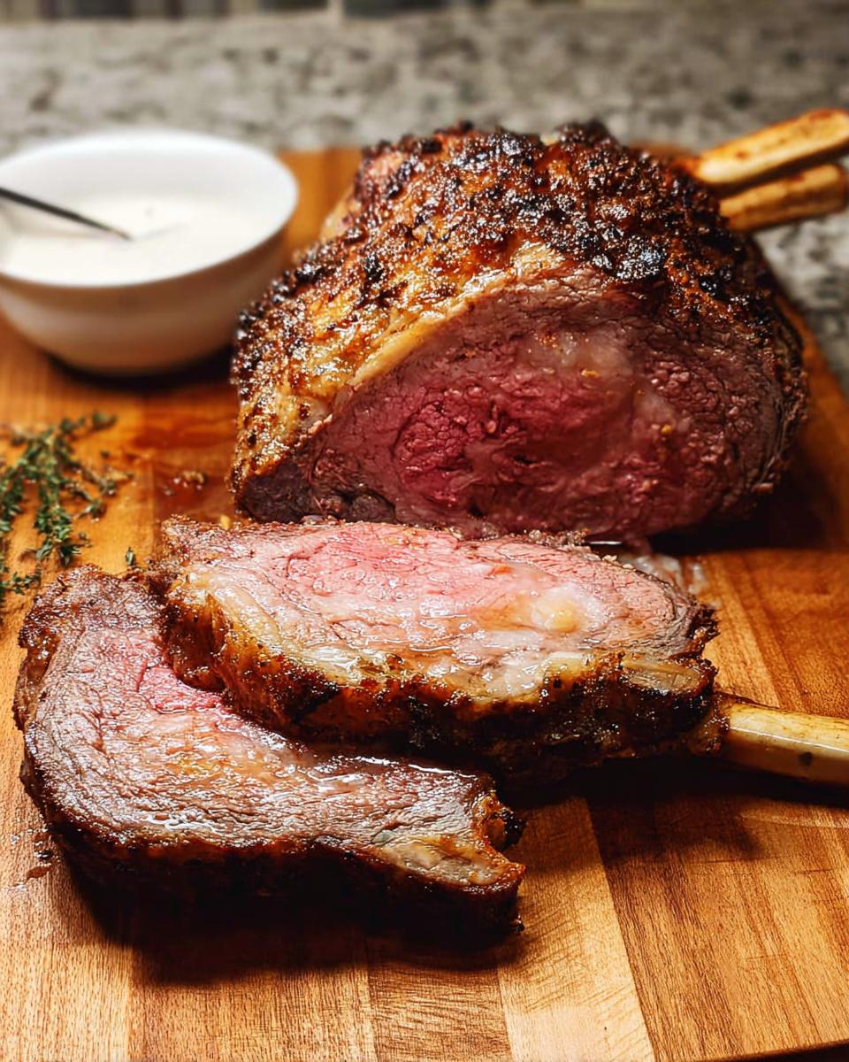 A perfectly cooked Weeknight Prime Rib, sliced and ready to eat, with a side of creamy sauce.