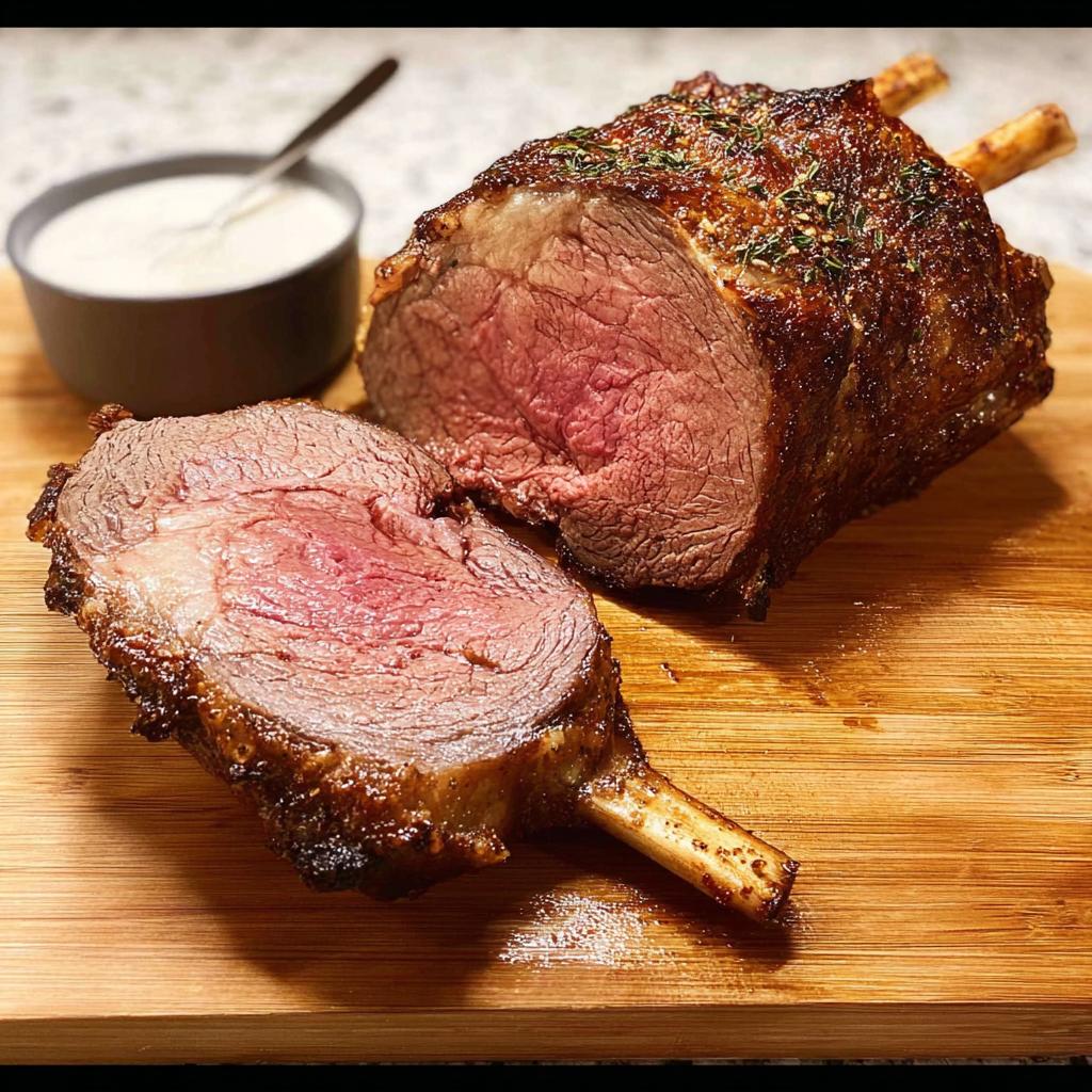 A perfectly cooked, juicy Weeknight Prime Rib roast, sliced and ready to eat, with a side of creamy sauce.