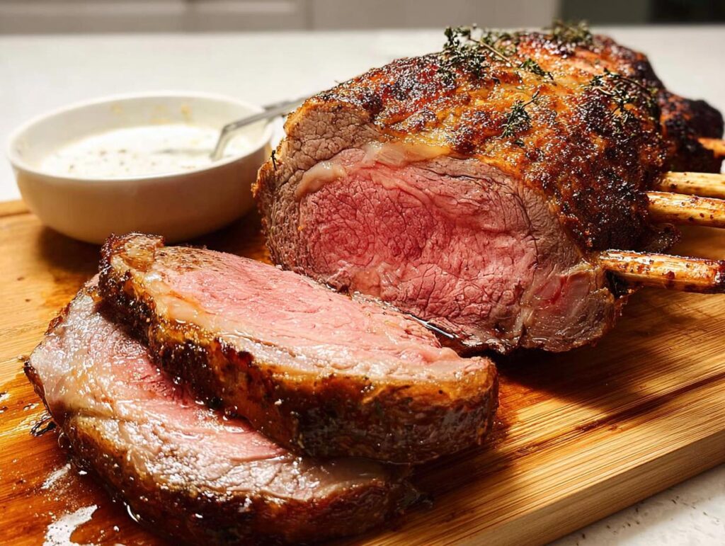 Juicy and tender Weeknight Prime Rib, sliced and served with a creamy dipping sauce on a wooden board.